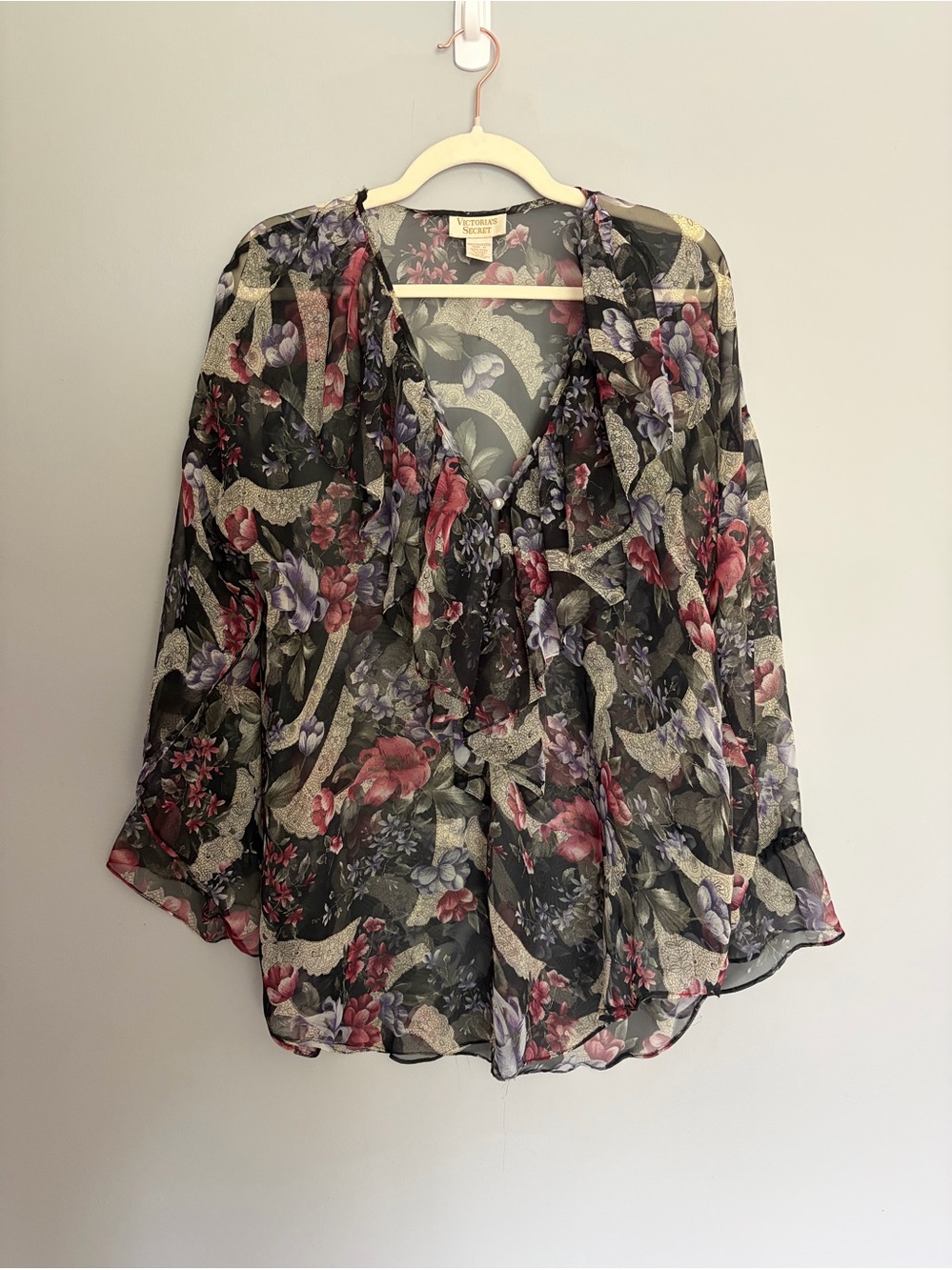Vtg Victoria’s Secret Gold Label Sheer Top Oversized S Floral Ruffle Romantic